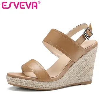 

ESVEVA 2017 Women Pumps Platform Genuine Leather Wedding Women Shoes Round Toe Summer Shoes Wedges High Heel Pumps Size 34-39
