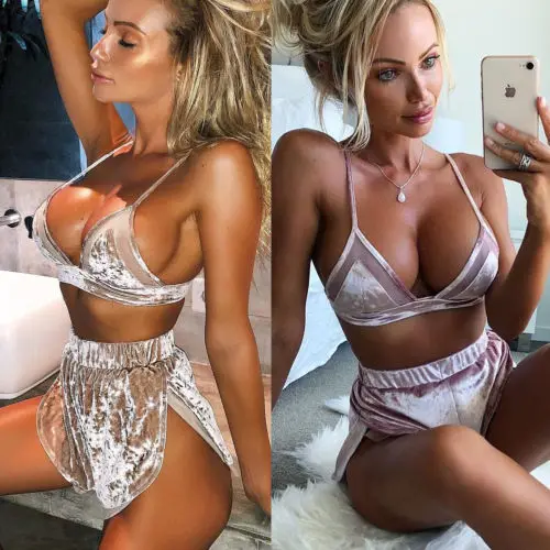 

Sexy Women Ladies Sleeveless Casual Bra Brief Sets Velvet Mesh Patchwork Strappy Beach Wear Wire Free Female Bra Sets