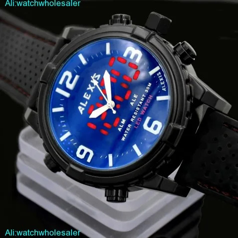 AW801G Water Resist Silicone Black Band Boy Girl Dual Time Alexis Anadigit Watch