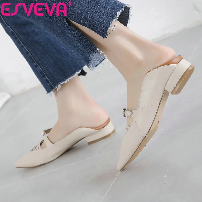 

ESVEVA 2019 Women Pumps Square Low Heels Sandals Elegant Shallow Buckle Spring Autumn Pointed Toe Patchwork Women Shoes 34-39