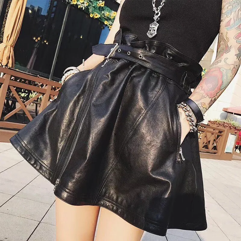 

Short Skirt Sheepskin Genuine Leather 2018 Fashion Female Short Design A Real Slim Hip A-Line Skirt Black