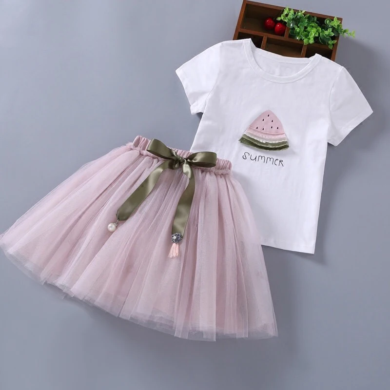 

2019 Baby Girl Dress Brand Summer Children Party Dress Outfits T-Shirts+Veil Dresses for Girls Kids Clothes 3 4 5 6 7 8 Years