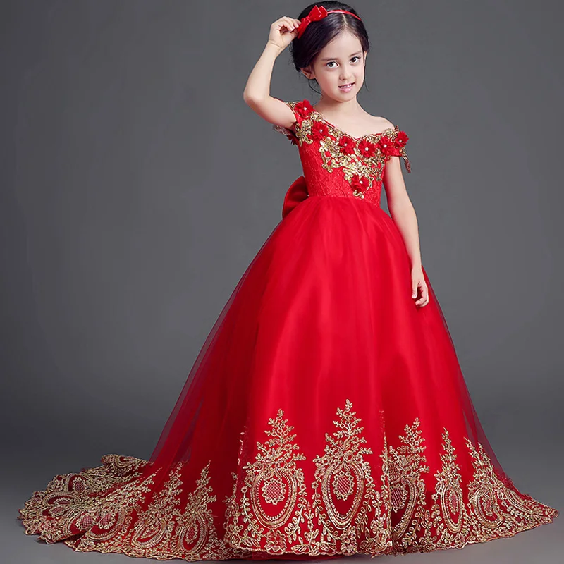 Embroidery Princess Girls Dresses 2018 New Mullet dress Girls Red Floral Party Costume With Bow Shoulderless Evening Dresses F63 Embroidery Princess Girls Dresses 2018 New Mullet dress Girls Red Floral Party Costume With Bow Shoulderless Evening Dresses F63