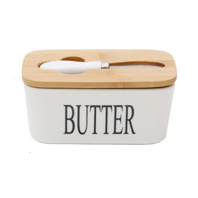 Nordic Butter กล่องปิดผนึก,เซรามิกเนยจาน,สีขาว,ไม้ฝาปิดและมีด, ชีสถาดจานเนย-ใน จาน จาก บ้านและสวน บน