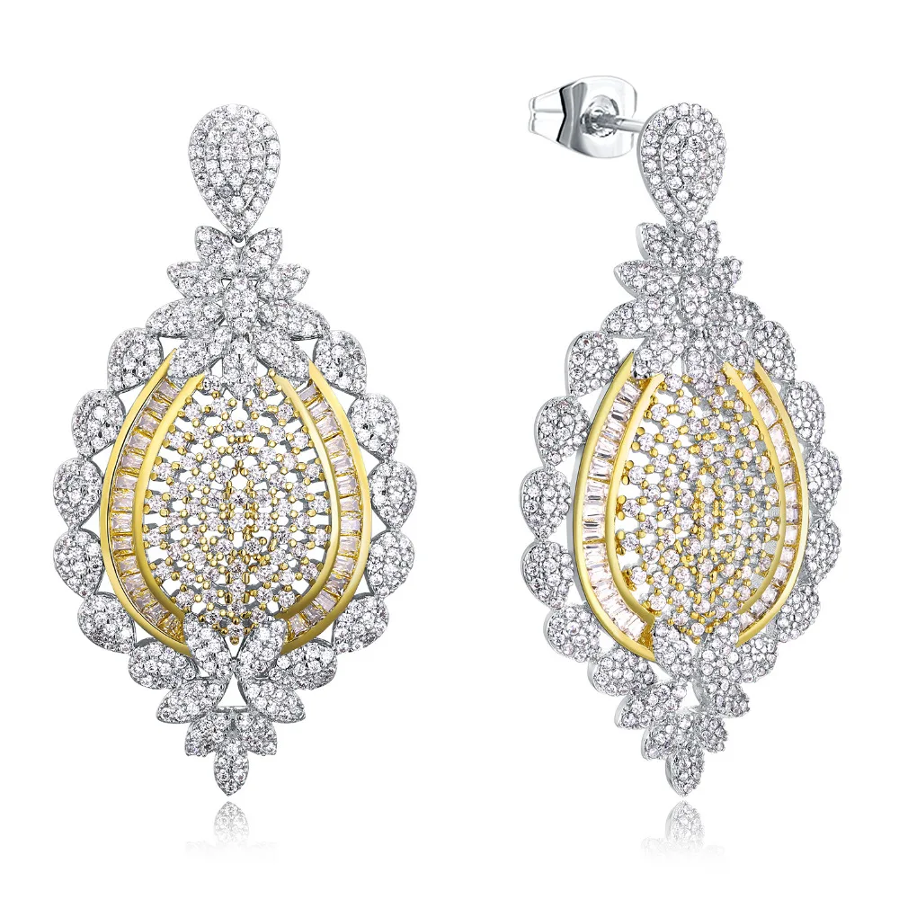 

Hyperhole Women Drop Earrings White Cubic Zirconia Copper Metal with 2 Tones Gold-color Long Flower Earrings For Lady Party Gift
