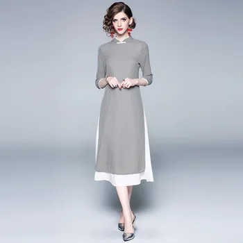 

Vintage Dress Chinese Style Improved Cheongsam Women Spring Fashion Patchwork Stand Collar Thtee Quarter Sleeve Slim Dresses