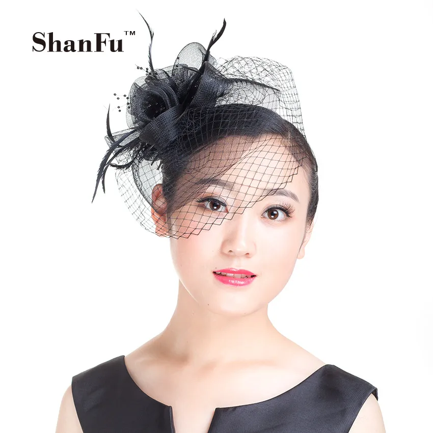 ShanFu Women Flower Mesh Fascinators with Birdcage Veil for Wedding