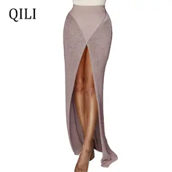 QILI Женская Повседневная пляжная юбка тонкий стиль вязание хлопок высокий разрез пикантное длинная юбка однотонный пол-длина юбки для