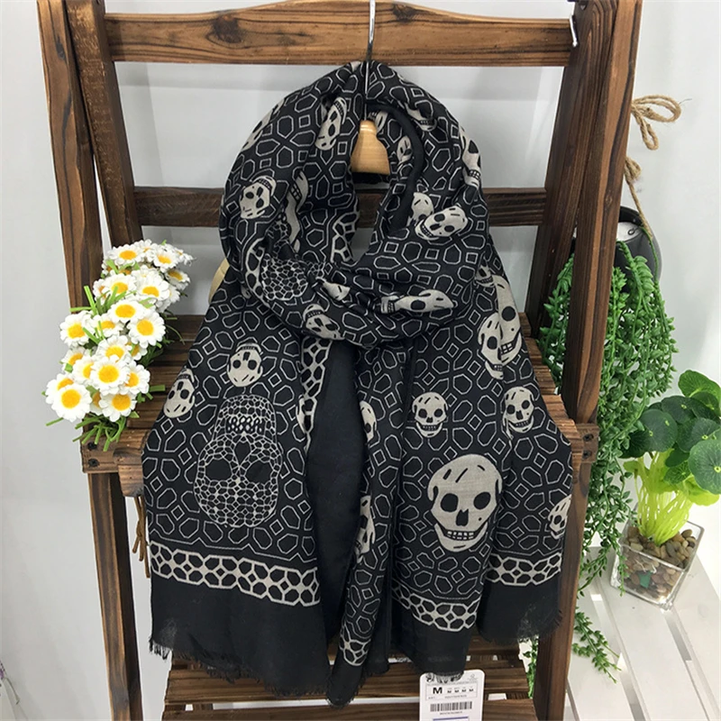 Женский хлопковый шарф в стиле панк с принтом черепа 180x100 см|printed scarf|skull print scarfdesigner