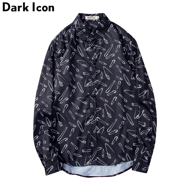

Printed Turn-down Collar Curved Hem Long Sleeved Shirts Men 2018 Autumn Preppy Style Men's Shirts Casual Shirts