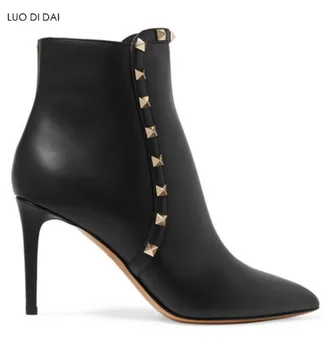 

2019 fashion women spike stud boots thin heel gold rivets women ankle booties pointed toe boots ladies party shoes mujer botas