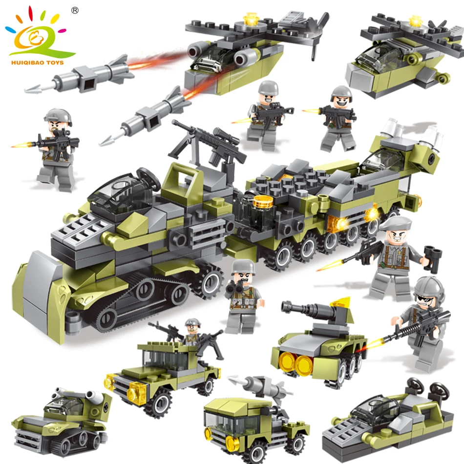 

296PCS 6in1 Military Vehicle soldier set Building Blocks Compatible legorreta city Army DIY brick Educational Children Toys gift