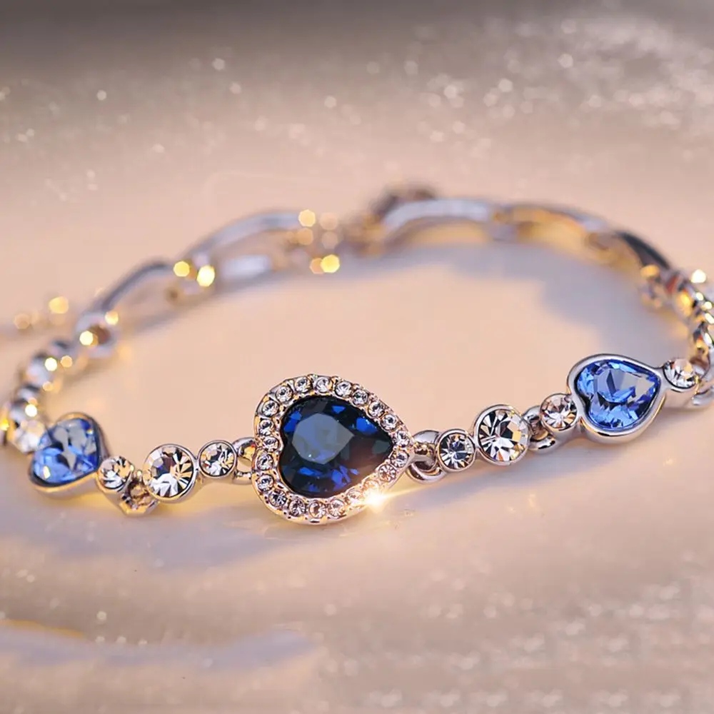 

Vintage Classic Ocean Blue Crystal Heart Bracelet Bangle Fashion Sliver Bracelet Hot Gift Jewelry For Women Girl