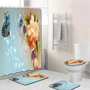 

HobbyLane 4pcs/set Home Printing Flowers Pattern Bathroom Mat Set Waterproof Shower Curtain + No-Slip Floor Mat+Toilet Mat