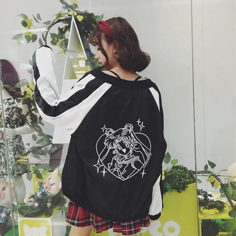 Qlychee Fashion Women Clothing Harajuku Basic Coat Satin Sailor Moon Jacket Embroidery Baseball Outerwear Jackets