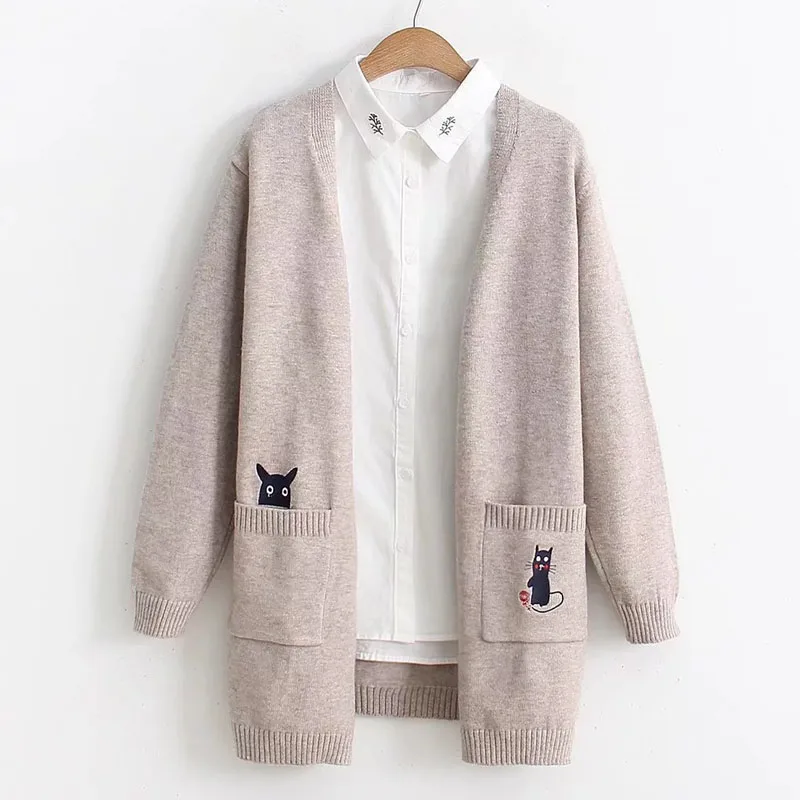 

Cartoon Cat Embroidery On Pockets Long Sleeve Cardigans Casual Women Knitting Outwear 2018 Spring Autumn Knitwear Cardigans