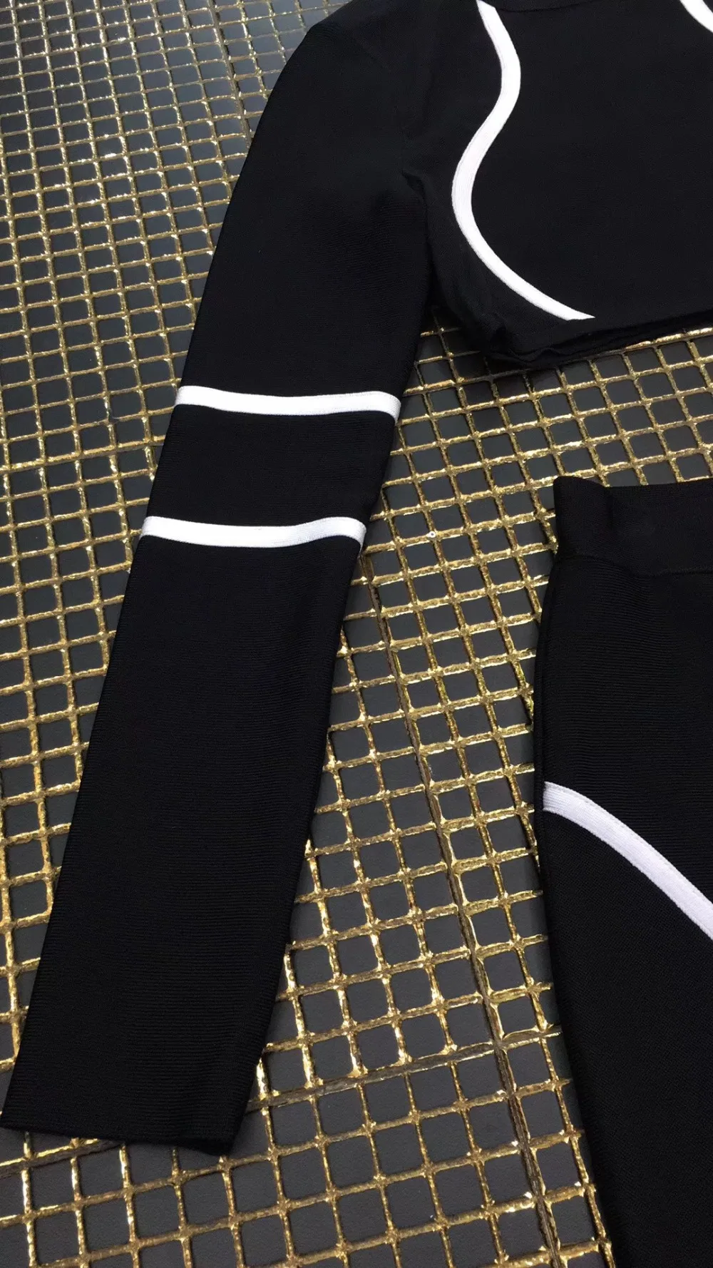 Черный две 2 шт лоскутное Mesh выдалбливают Bodycon Мода бинты комбинезон Verano Cubwear знаменитости вечерние