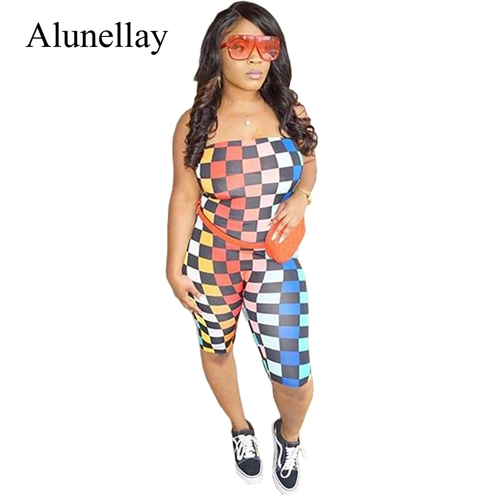 Alunellay Sexy Club Bodycon Strapless Playsuit Women Multicolor Plaid Short Rompers Jumpsuit Sleeveless Backless Playsuits Women