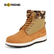 SERENE Brand Mens Short Boots Casual Canvas Leather Stitch Work Boots Camouflage Tooling Boots Lace Up Ankle Boots Shoes 3228