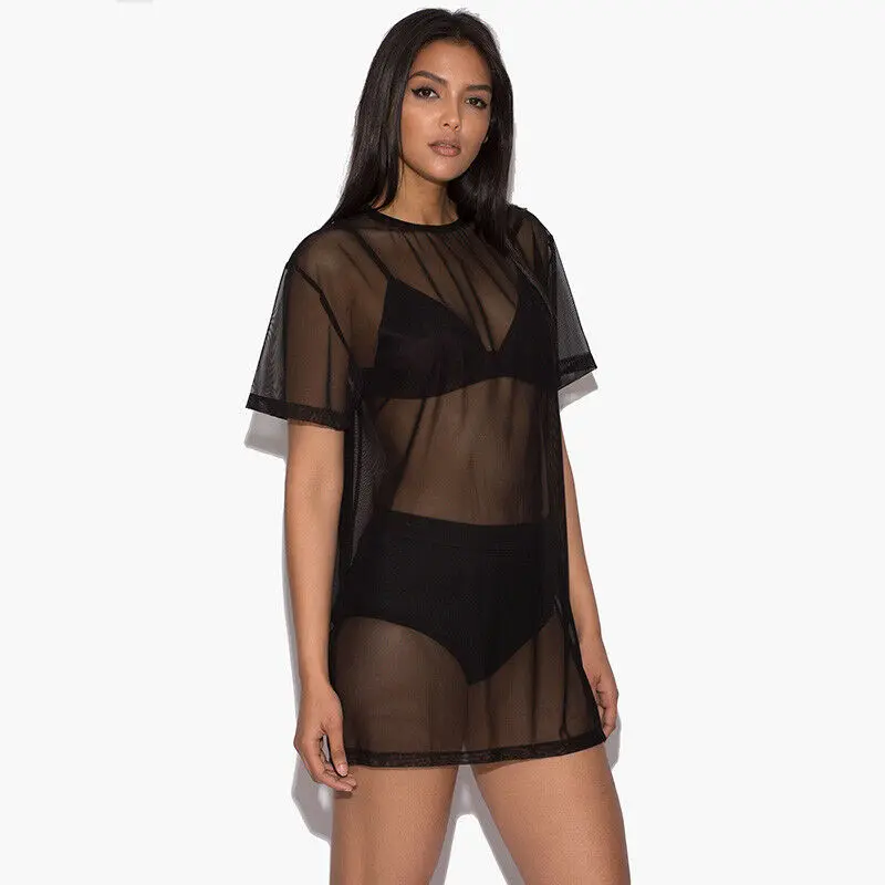 

2019 New Women's Soft Pullover Swimsuit Cover Dress Coat Boho Casual Black Mesh Beach Dress Sexy Bikini Cover Up