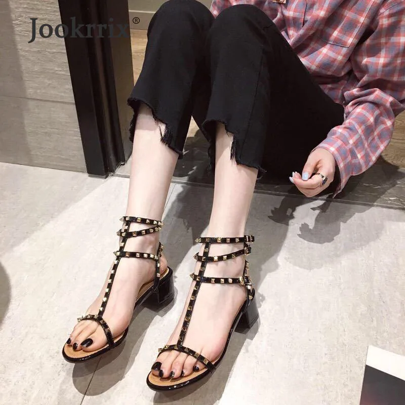 

Jookrrix Women 2019 Summer New Western Style Girl High Heel Sandal Women Fashion Genuine Leather Comfortable Girls Stud Shoes