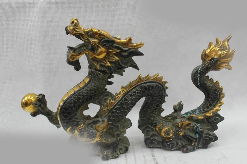 

11"Chinese Folk Pure Bronze Gild Lucky Lifelike Dragon Play Bead Statue