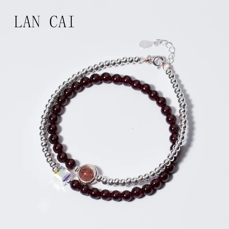 

National style Double Circles Garnet Beads Bracelet Female 925 Sterling Silver Natural Stones Square Crystal Handmade Bracelet
