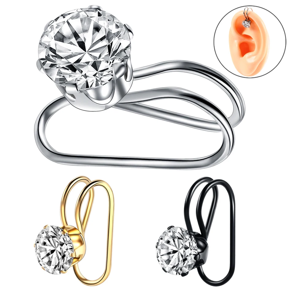 

1PC Steel Crystal Round Zircon Fake Ear Clip On Cuff Wrap Non Piercing Mixed Colors Fake Ear Cartilage Earring Piercing Jewelry