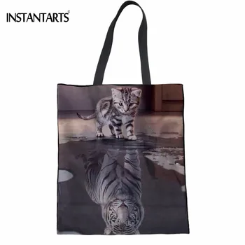 

INSTANTARTS Funny Cat Reflection Tiger Print Women Cotton Shopping Bags Multi-function Recycling Bags Female Supermarket Eco Bag
