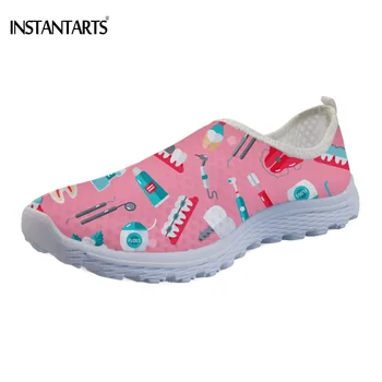 

INSTANTARTS Cute Cartoon Dental Equipment Printed Woman Summer Slip On Running Shoes Pink Lightweight Sports Shoes Gym Shoes