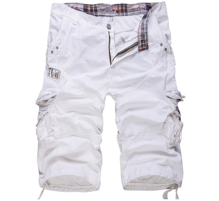 Хлопковые повседневные мужские брюки-карго большого размера, мужские летние свободные брюки с карманами на молнии, укороченные брюки белого, черного и хаки цвета - Цвет: Белый