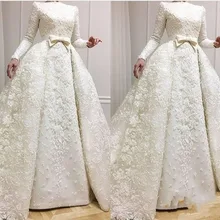 Хорошо спроектированные мусульманские свадебные платья Длинные рукава бисерные аппликации размера плюс молния сзади Индивидуальные Роскошные свадебные платья