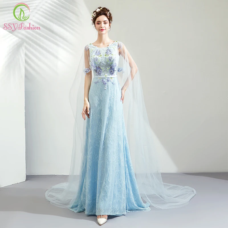 SSYFashion Новое светло голубое кружевное вечернее платье без рукавов длиной до пола