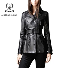 Весенняя женская куртка из натуральной кожи, черная овчина, мотоциклетная одежда, женская сексуальная тонкая двубортная Дизайнерская куртка