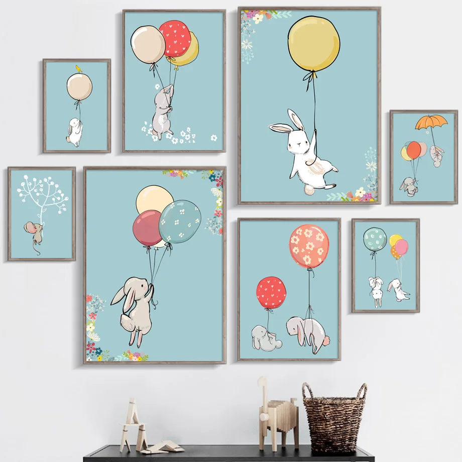 

7-Space Modern Cute Watercolor Balloon Rabbits Canvas Painting For Kids Room Nursery Wall Art Print Poster Wall Pictures Decor
