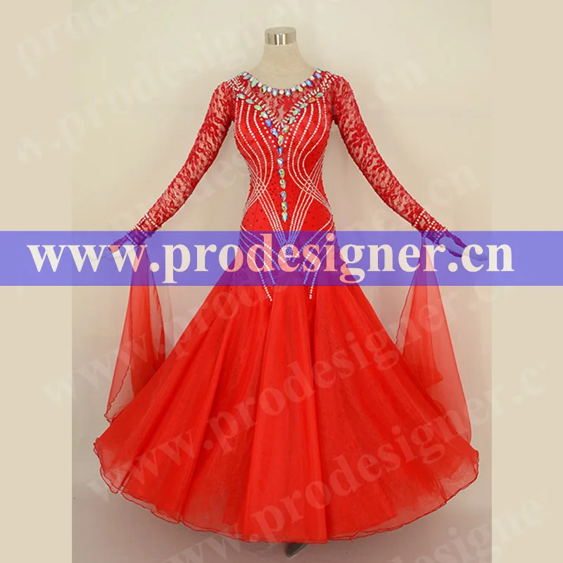 

Ballroom Dance Dress ballroom dancing standard dancewear competition quick step dancing costumes shiny stones Color Red