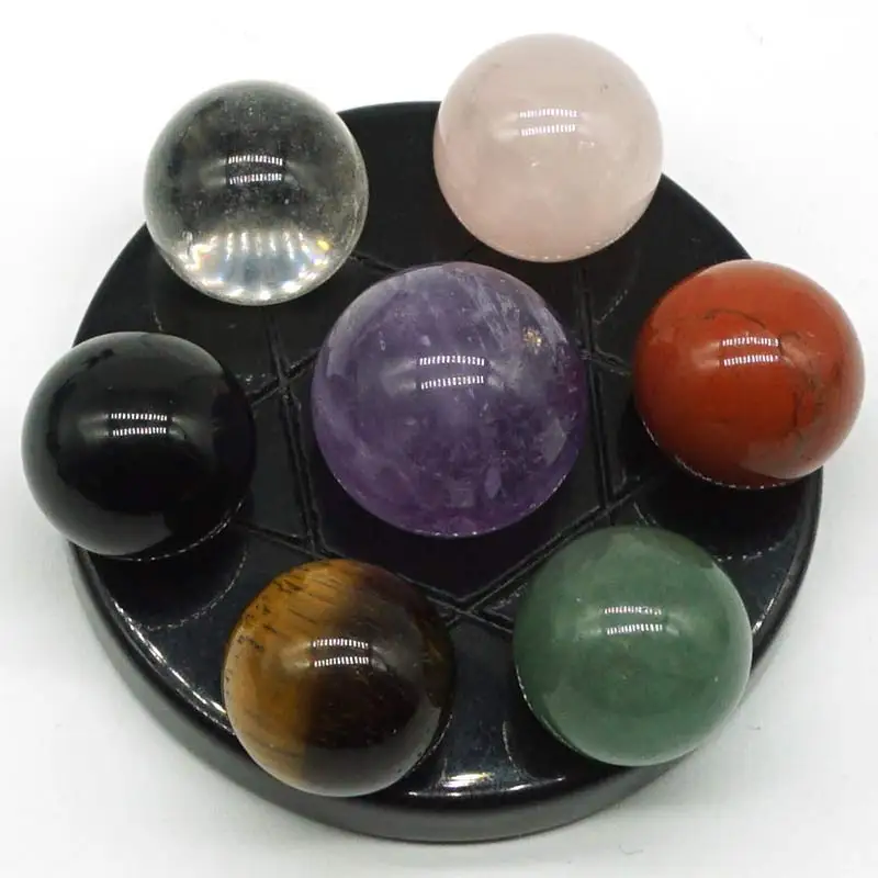 Seven Star Group Natural Amethyst Chakra Crystal Sphere Ball with Black Obsidian Stand