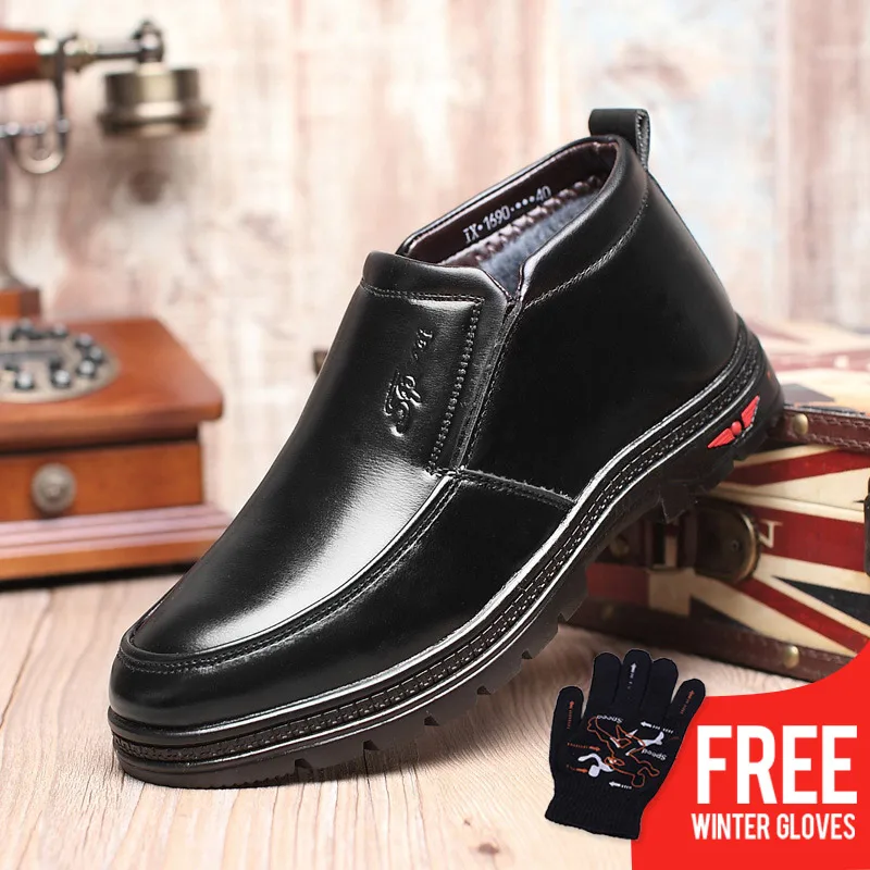 

OSCO Leather Boots Men Winter Business Casual Shoes Plush Warm Slip On Middle-aged Soft Elastic Band Boots Male