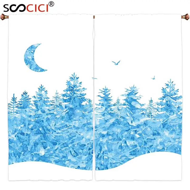 

Window Curtains Treatments 2 Panels,Modern Decor Winter Fairytale Inspired Snow Scenery with Pines and Moon Aqua Sky Blue and