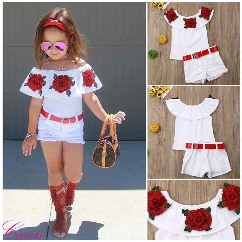 Toddler Baby Girl Summer Outfits Floral Shirt Ruffle Tops Ripped Denim Shorts Set