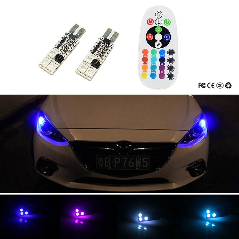 2x RGB LED T10 W5W Bulb With Remote Control 5050 SMD Parking Light For