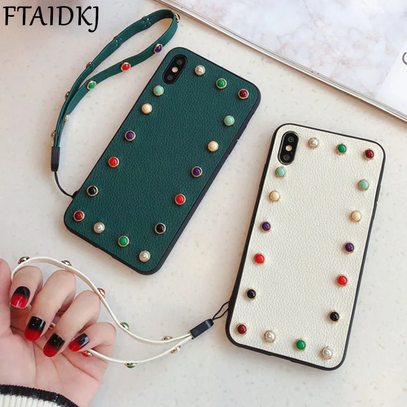 

Luxury 3D Color Pearl Rivets Soft PU Leather Phone Case For iPhone 6 6S 7 8 Plus X XR XS Max Fashion Hand Strap Back Cover Coque