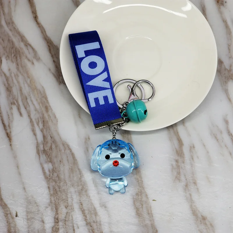 New cute resin acrylic animal bear, puppy, rabbit, color ribbon with bell cute temperament key ring pendant bag car pendant - Цвет: The dog -Sky blue