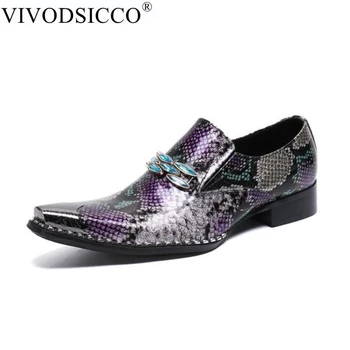

VIVODSICCO luxury Brand Italian Snake Pattern Wedding Men Dress Shoes Metal toe Genuine Leather Business Men Formal Shoes