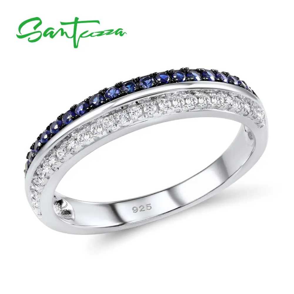 SANTUZZA серебряное кольцо для женщин 925 пробы серебро AAA+ синий и белый кубический цирконий Вечность Обручальное кольцо модное ювелирное изделие