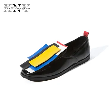 

XIUNINGYAN Autumn Women Oxfords Brogue Shoes Patent Leather Slip-on Square Toe Flats Casual Mixed color Shoes Women Plus size 43