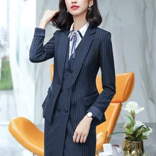 Формальные женские костюмы для женщин Деловые Костюмы Блейзер и пиджак Наборы офисной формы стили синие полосы