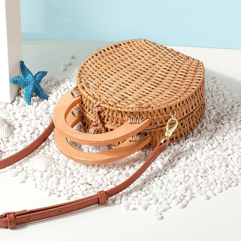 

Women Woven Bag Vintage Straw Handbags Handmade Rattan Bag Large Beach Purse Summer Fashion Round Crossbody bag sac a main bolso