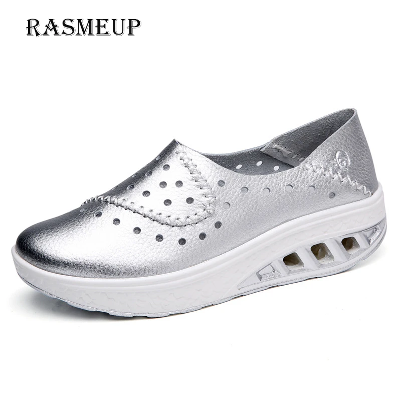 

RASMEUP Genuine Leather Cutouts Women's Flats 2018 Women Comfort Platform Sneakers Creepers Slip On Woman Flat Shoes Moccasins