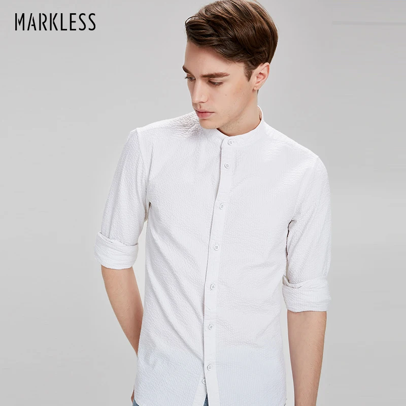 

Markless Spring New Arrival Fashion Men Cotton Shirts Long Sleeve Mandarin Collar Casual Simple Men's Slim Shirt
